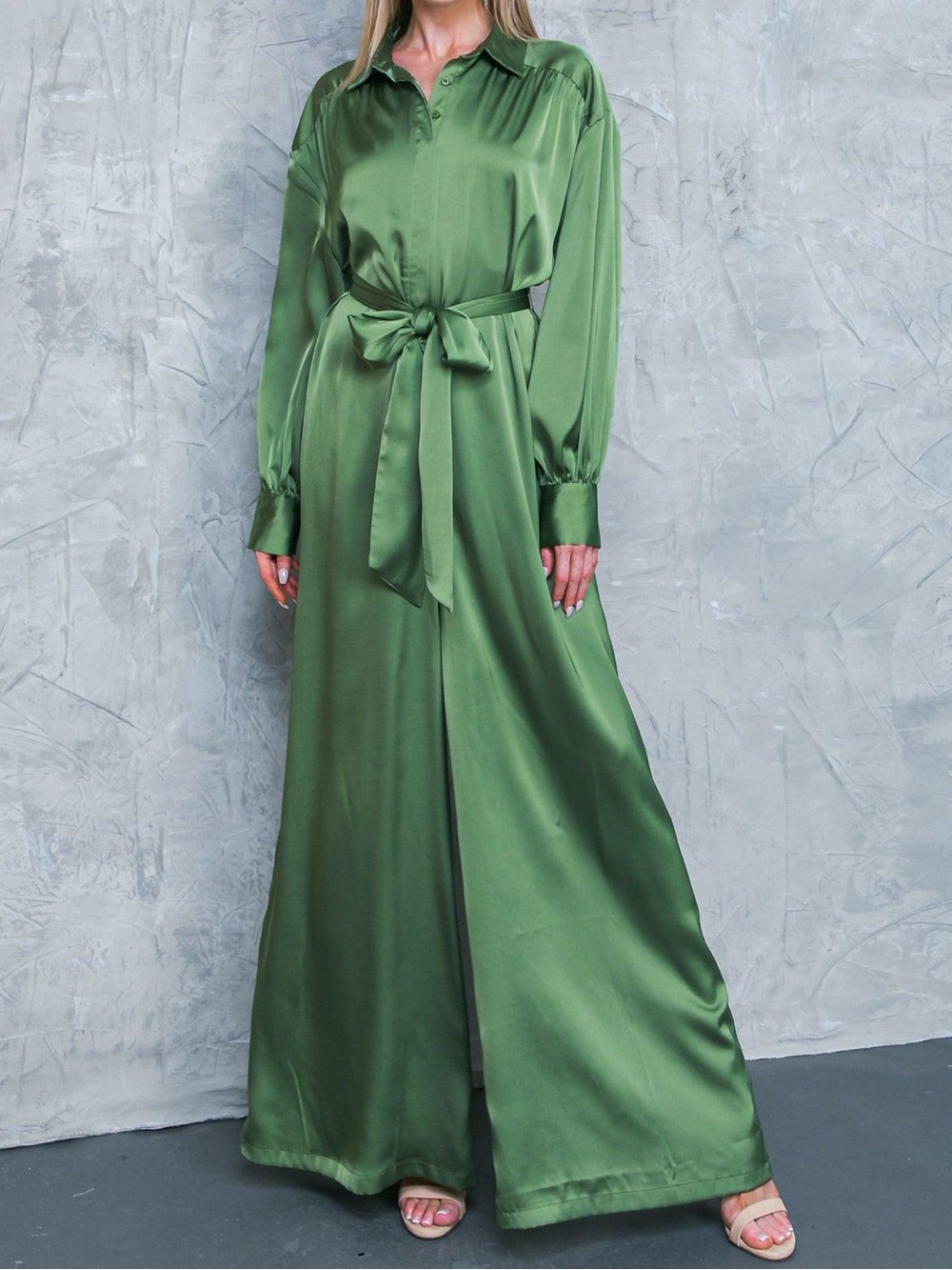 Flying Tomato Olive Satin Wide-Leg Jumpsuit with Tie Waist